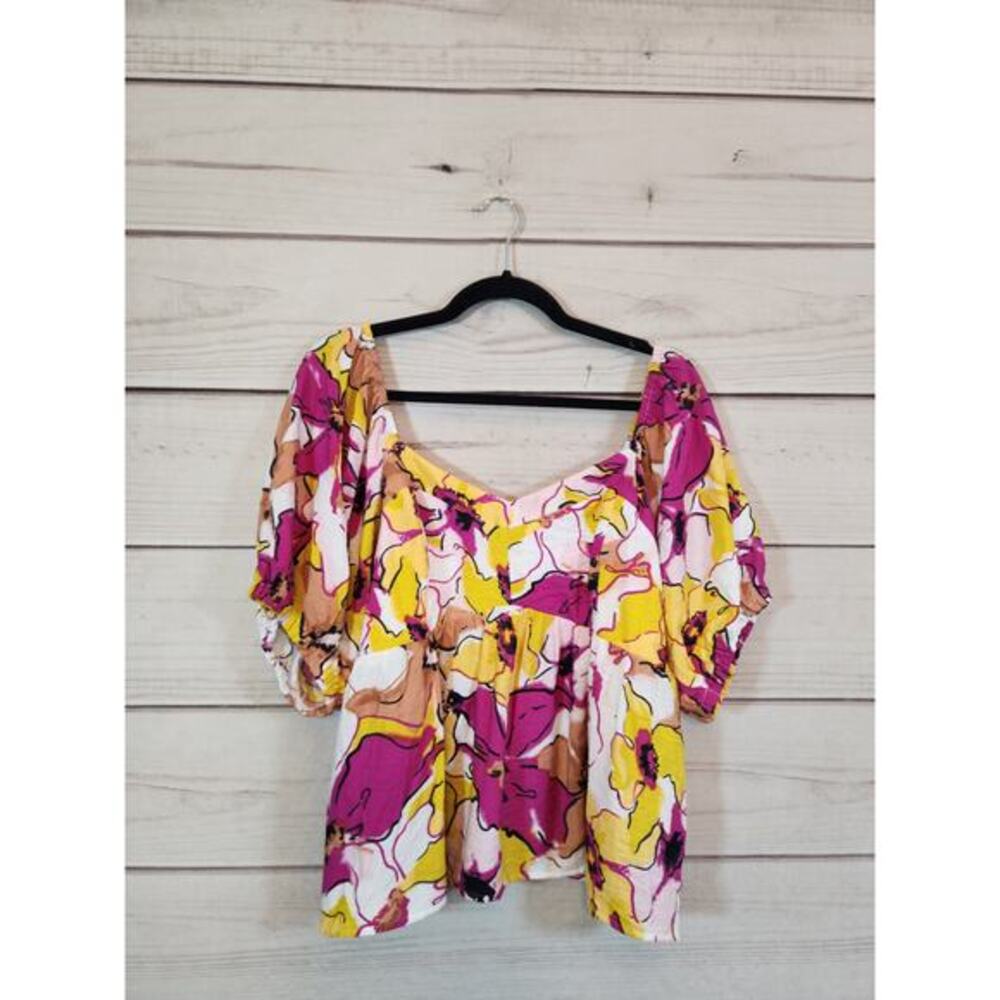Nine West Women's Multicolor Smocked Sweetheart Short Sleeve Crop Blouse Size XL